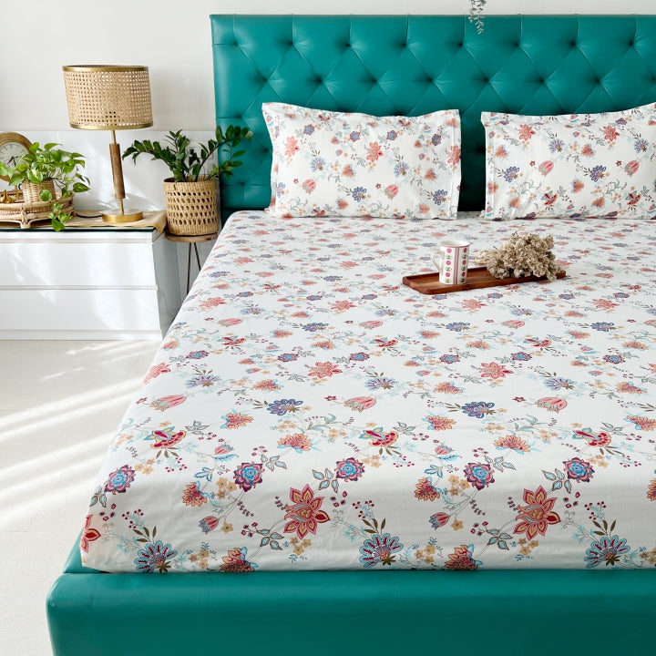 Fitted King Size Cotton Bedsheet - Paradise Peach & Blue