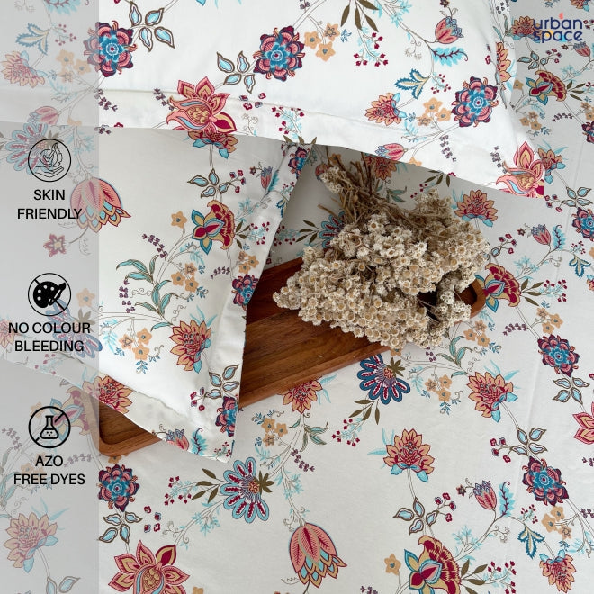 Fitted King Size Cotton Bedsheet - Paradise Peach & Blue