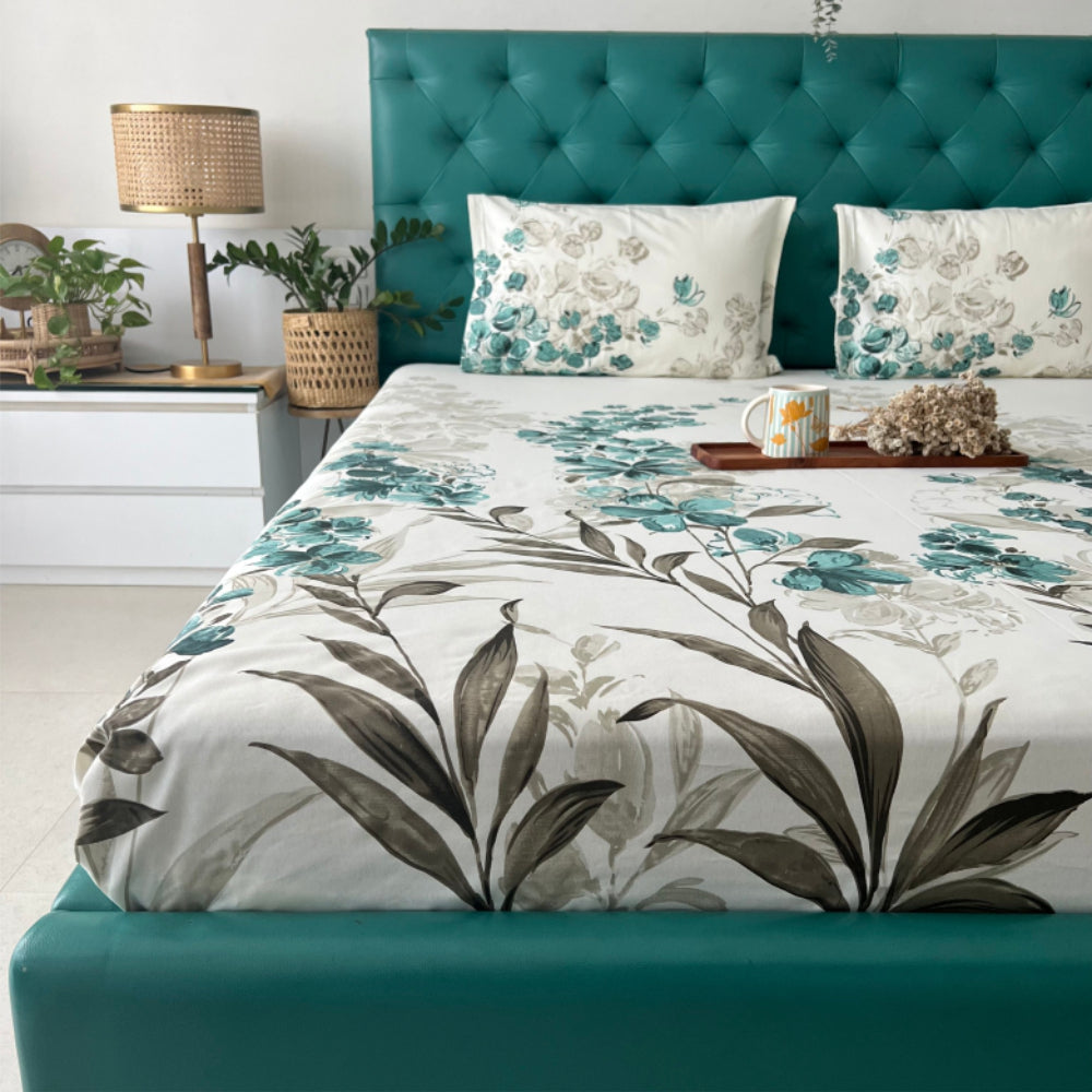 Serene 200 TC 100% Cotton Single Printed Bedsheet with Pillow Covers - Majestic Green