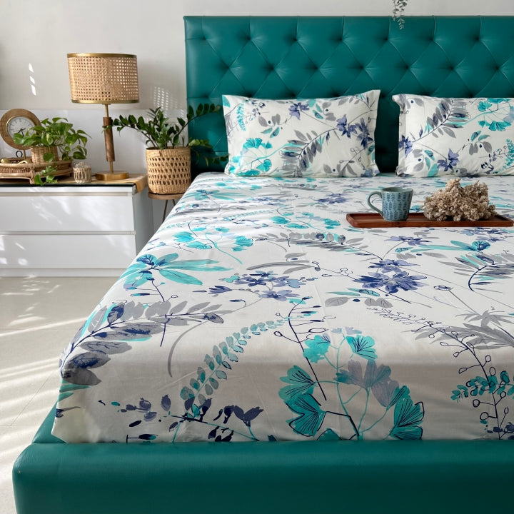 Serene 200 TC 100% Cotton Single Bedsheet with Pillow Covers - Floral Feast Turquoise