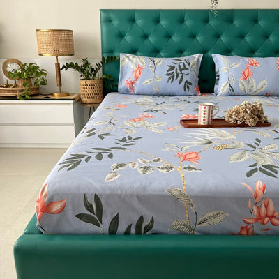 Serene 200 TC 100% Cotton Single Printed Bedsheet with Pillow Covers - Bloom Ray Blue Grey