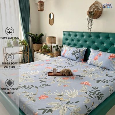 Fitted King Size Cotton Bedsheet - Bloom Ray Blue Grey