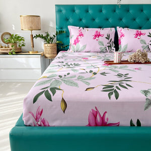Serene 200 TC 100% Cotton Single Printed Bedsheet with Pillow Covers - Bloom Ray Pink