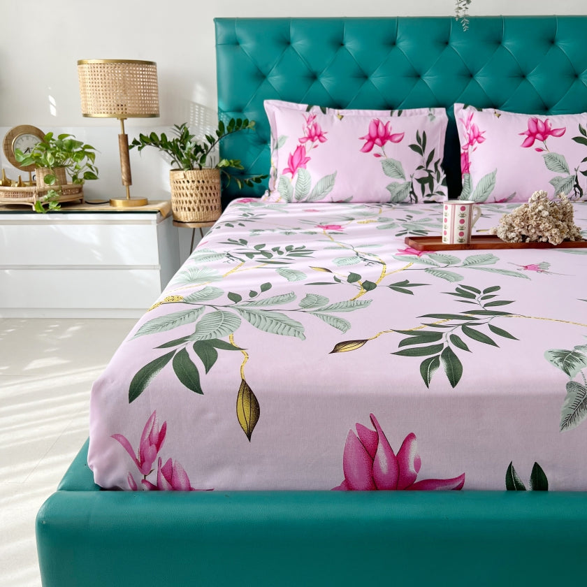 Serene 200 TC 100% Cotton Single Printed Bedsheet with Pillow Covers - Bloom Ray Pink