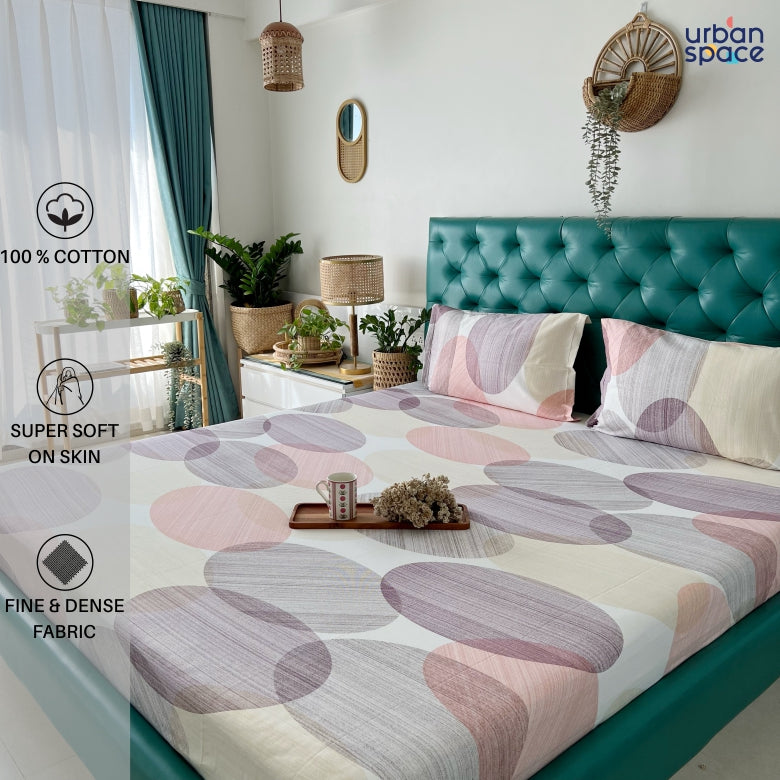Serene 200 TC 100% Cotton Single Printed Bedsheet with Pillow Covers - Oval Pink