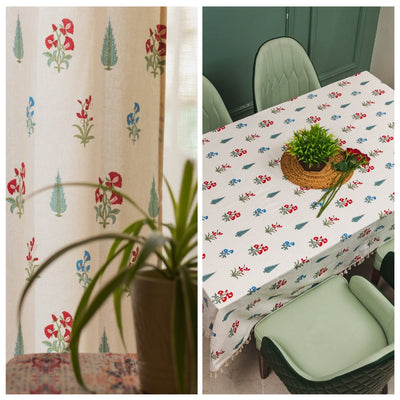 Cotton Curtains + Cotton Table Cover - (Combo 2 - High Garden Red + High garden Red)