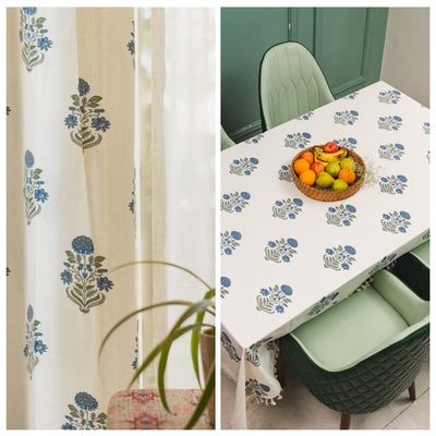Cotton Curtains + Cotton Table Cover - (Combo 3 - Liberty Blue + Liberty Blue)
