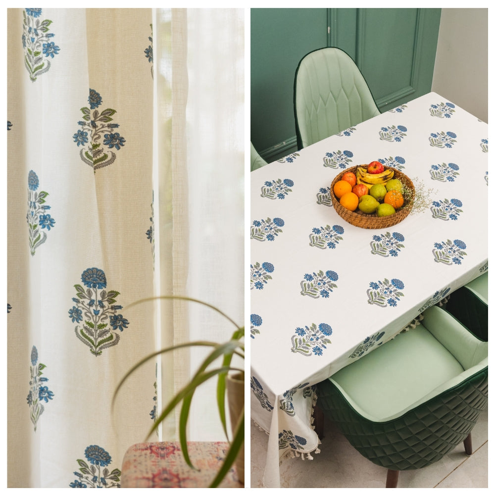 Cotton Curtains + Cotton Table Cover - (Combo 3 - Liberty Blue + Liberty Blue)