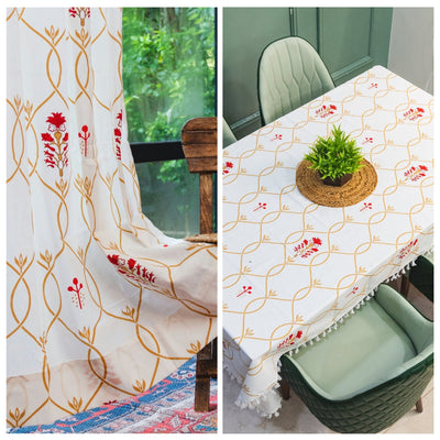 Cotton Curtains + Cotton Table Cover - (Combo 7 - Floral Ripples Red & Brown + Floral Ripples Red & Brown)
