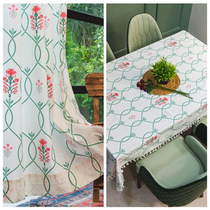 Cotton Curtains + Cotton Table Cover - (Combo 8 - Floral Ripples Pink & Green + Floral Ripples Pink & Green)