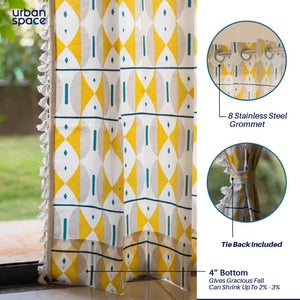 Bohemian 100% Cotton Curtains, Pack of 1 Curtain - Aztec Yellow