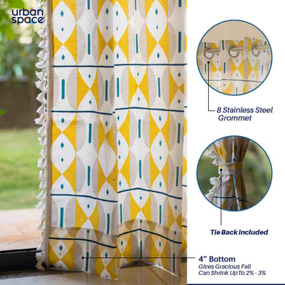 Bohemian 100% Cotton Curtains, Pack of 1 Curtain - Aztec Yellow