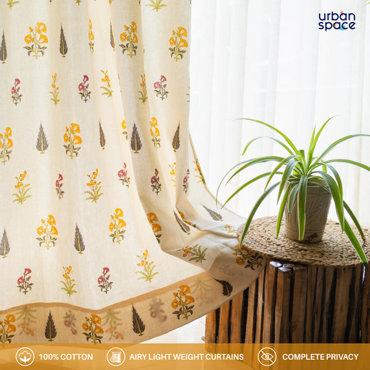 100% Cotton, room darkening ethnic curtains, Pack of 2 Curtains - High Garden Yellow