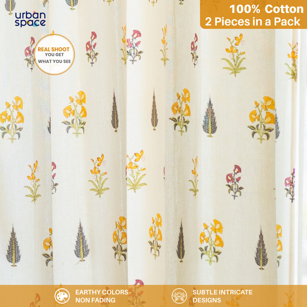 100% Cotton, room darkening ethnic curtains, Pack of 2 Curtains - High Garden Yellow