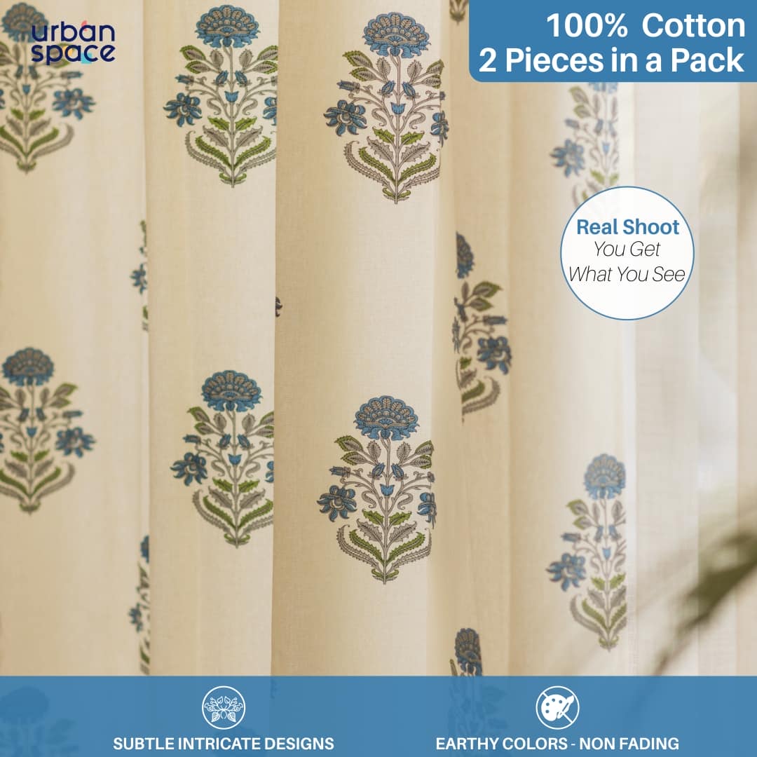 100% Cotton Ethnic Room Darkening Curtains For Living Room, Pack of 2 Curtains - Liberty Blue