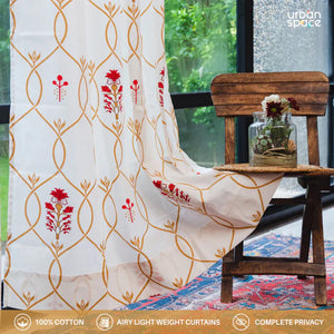 Cotton Curtains + Cotton Table Cover - (Combo 7 - Floral Ripples Red & Brown + Floral Ripples Red & Brown)