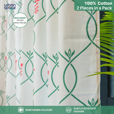 Cotton Curtains + Cotton Table Cover - (Combo 8 - Floral Ripples Pink & Green + Floral Ripples Pink & Green)