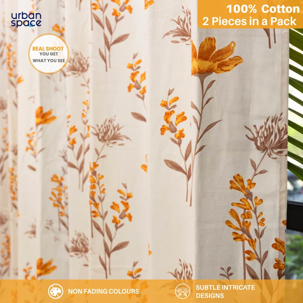 100% Cotton Curtains for Living Room, Bedroom curtains - Pack of 2 curtains, Orchid Blooms - Yellow