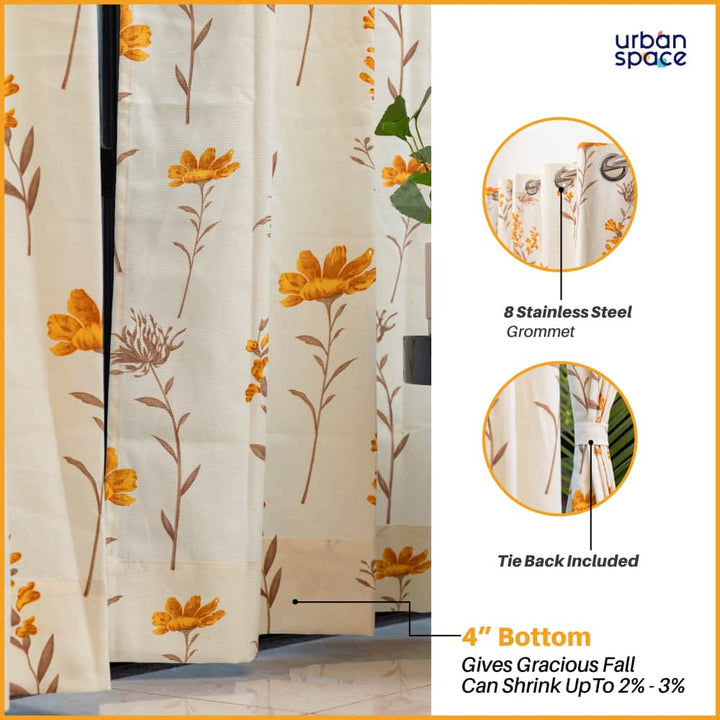 100% Cotton Curtains for Living Room, Bedroom curtains - Pack of 2 curtains, Orchid Blooms - Yellow