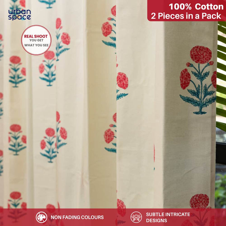 100% Cotton Curtains for Living Room, Bedroom curtains - Pack of 2 curtains, Sunflower - Pink