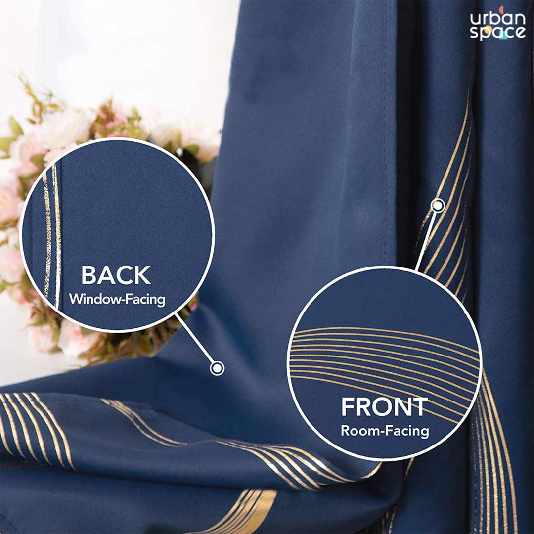 Gold Foil Printed 80-85% Blackout Curtains - Pack of 1 Curtain - Double Wave - Navy Blue