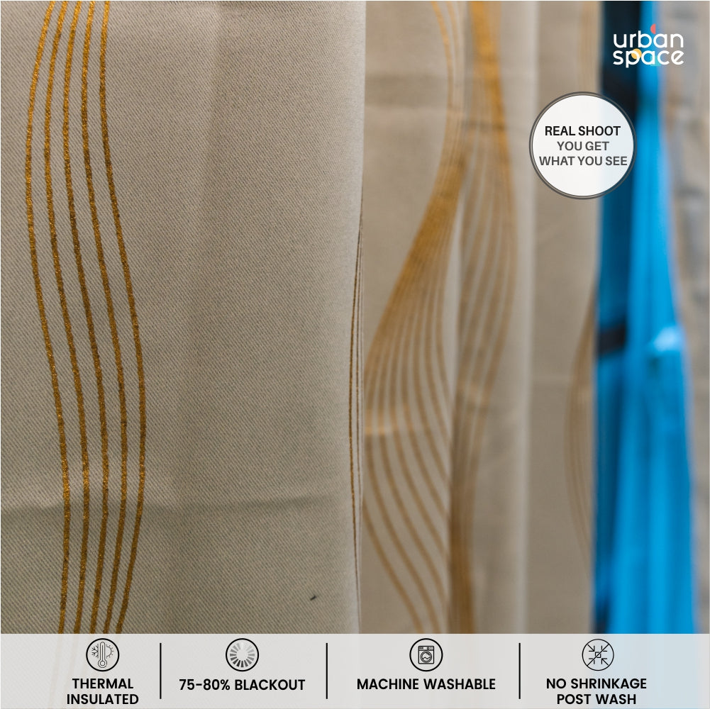 Gold Foil Printed 80-85% Blackout Curtains - Pack of 1 - Double Wave - Beige