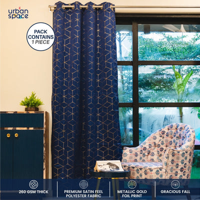 Gold Foil Printed 80-85% Blackout Curtains - Pack of 1 Curtain - Navy Blue