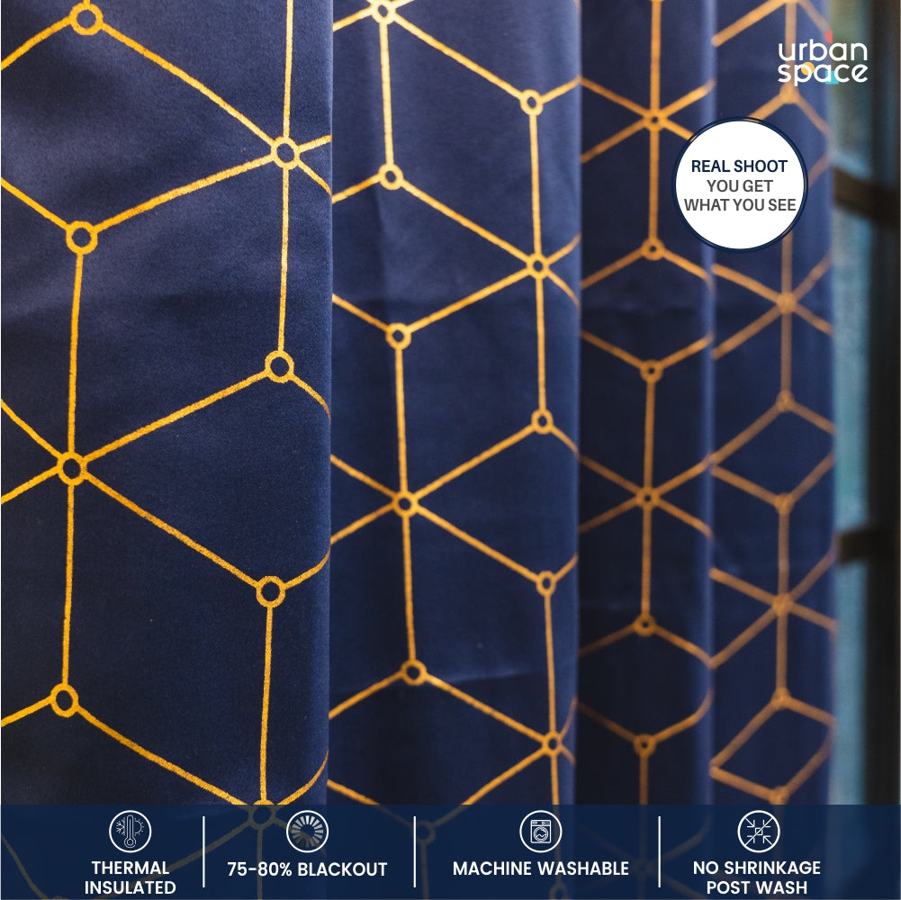 Gold Foil Printed 80-85% Blackout Curtains - Pack of 1 Curtain - Navy Blue