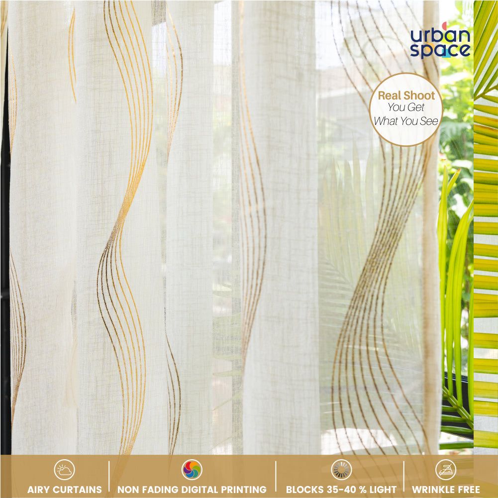 Linen Textured Metallic Gold Foil Sheer Curtains, Pack of 2 Curtains - Double Wave