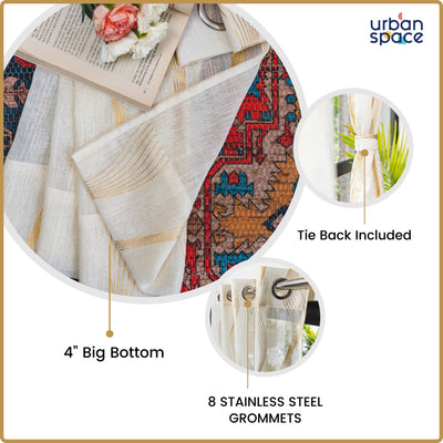 Linen Textured Metallic Gold Foil Sheer Curtains, Pack of 2 Curtains - Double Wave