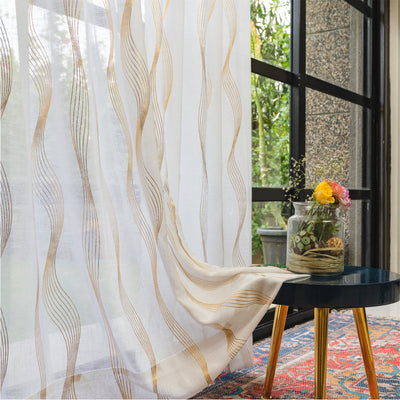 Linen Textured Metallic Gold Foil Sheer Curtains, Pack of 2 Curtains - Double Wave