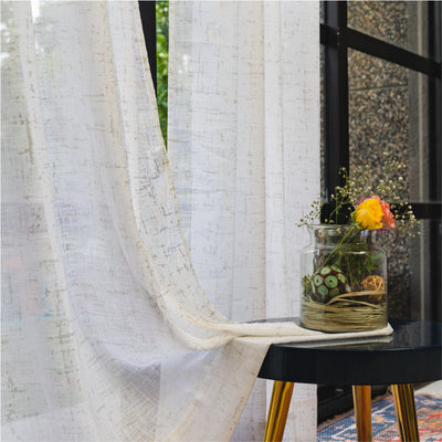 Linen Textured Metallic Gold Foil Sheer Curtains, Pack of 2 Curtains - Sparkle - White