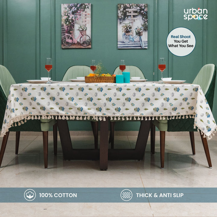 100% Cotton Dining Table Cover with Boho Tassels Printed - Calico Blue