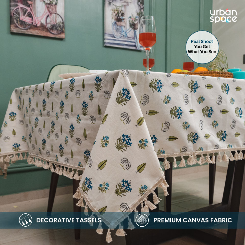 100% Cotton Dining Table Cover with Boho Tassels Printed - Calico Blue