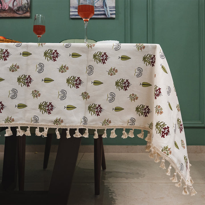 100% Cotton Dining Table Cover, Printed Cotton Table Cloth with Boho Tassels - Calico Red