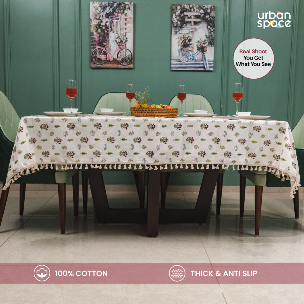 100% Cotton Dining Table Cover, Printed Cotton Table Cloth with Boho Tassels - Calico Red