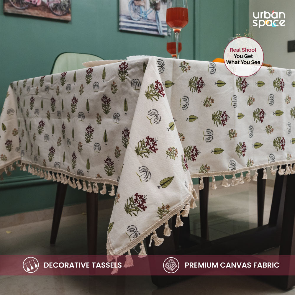 100% Cotton Dining Table Cover, Printed Cotton Table Cloth with Boho Tassels - Calico Red