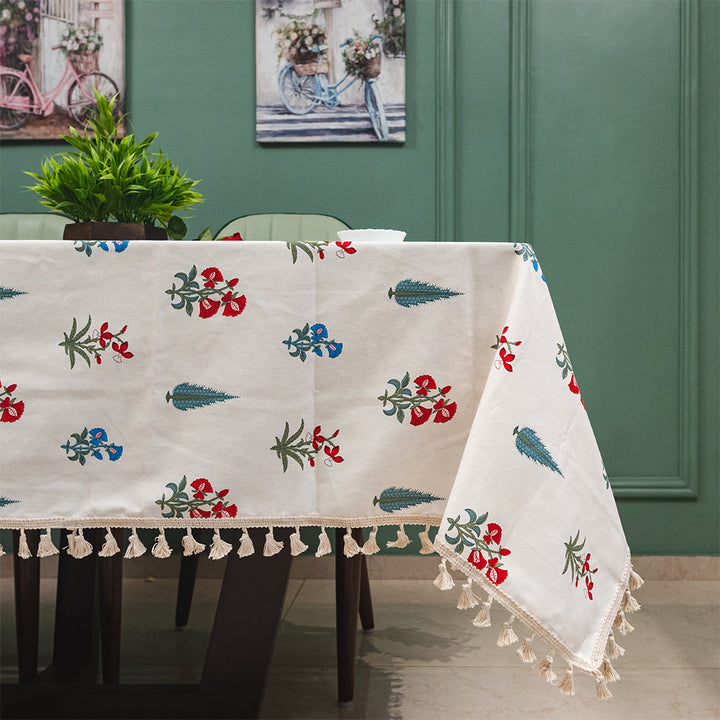 100% Cotton Dining Table Cover, Printed Cotton Table Cloth with Boho Tassels - High Garden Red