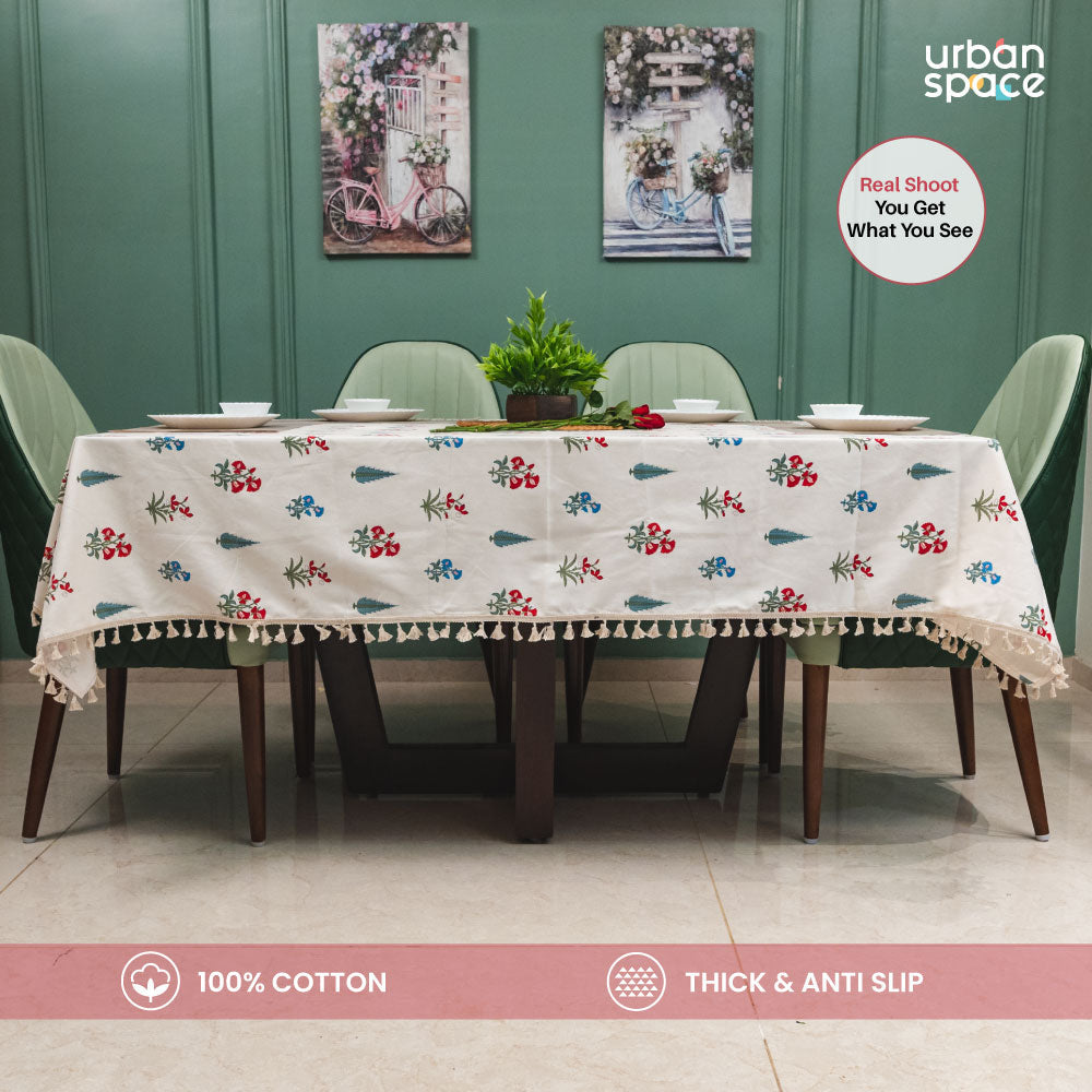 100% Cotton Dining Table Cover, Printed Cotton Table Cloth with Boho Tassels - High Garden Red