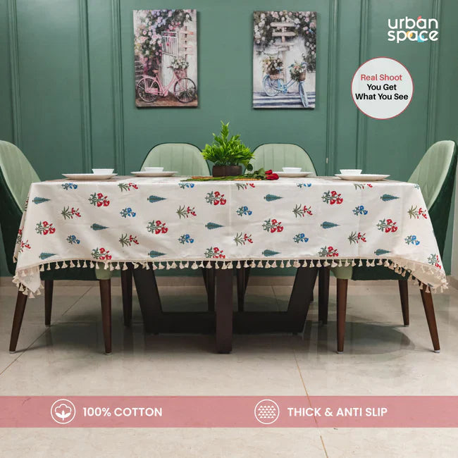 Cotton Curtains + Cotton Table Cover - (Combo 2 - High Garden Red + High garden Red)