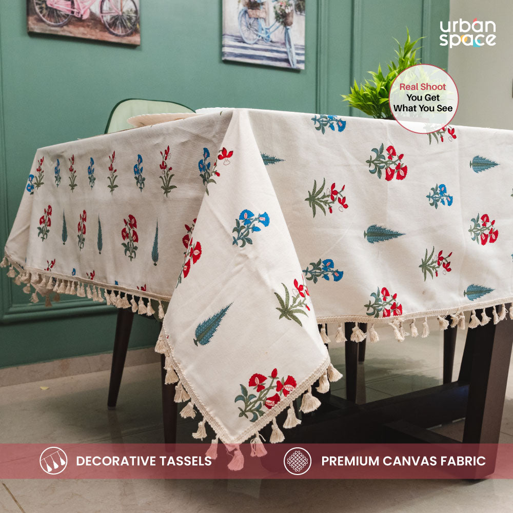 100% Cotton Dining Table Cover, Printed Cotton Table Cloth with Boho Tassels - High Garden Red