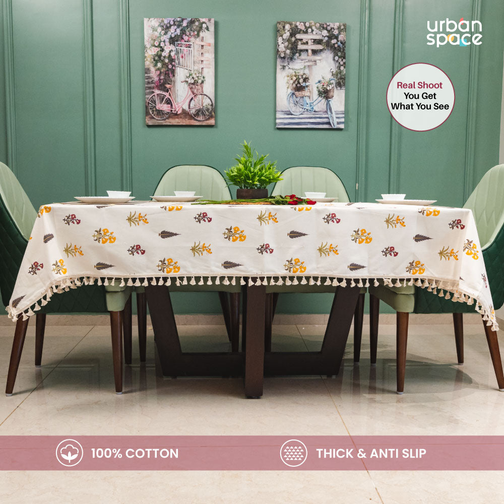 100% Cotton Dining Table Cover, Printed Cotton Table Cloth with Boho Tassels - High Garden Yellow