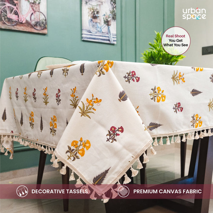 100% Cotton Dining Table Cover, Printed Cotton Table Cloth with Boho Tassels - High Garden Yellow