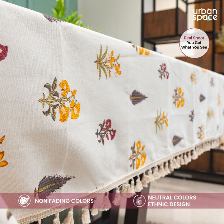 100% Cotton Dining Table Cover, Printed Cotton Table Cloth with Boho Tassels - High Garden Yellow