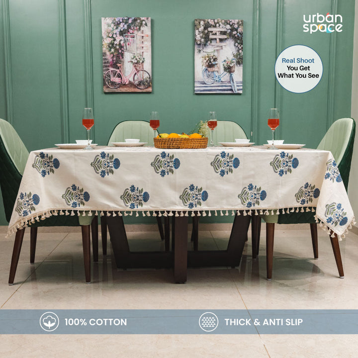 100% Cotton Dining Table Cover, Printed Cotton Table Cloth with Boho Tassels - Liberty Blue