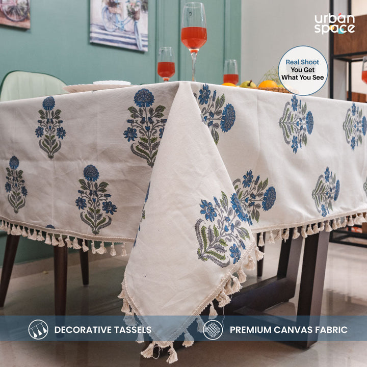 100% Cotton Dining Table Cover, Printed Cotton Table Cloth with Boho Tassels - Liberty Blue