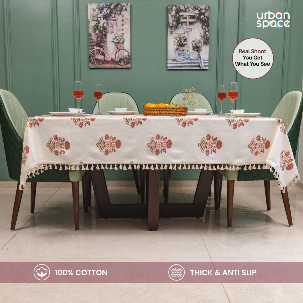 100% Cotton Dining Table Cover, Printed Cotton Table Cloth with Boho Tassels -Liberty Maroon