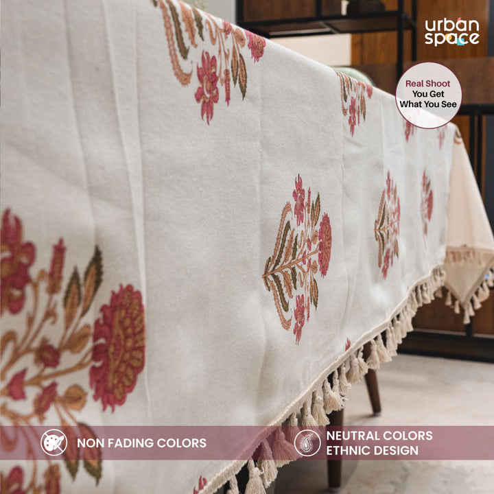 100% Cotton Dining Table Cover, Printed Cotton Table Cloth with Boho Tassels -Liberty Maroon