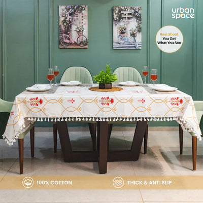Cotton Curtains + Cotton Table Cover - (Combo 7 - Floral Ripples Red & Brown + Floral Ripples Red & Brown)