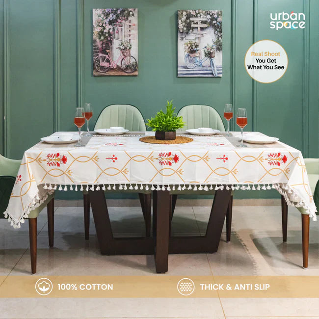 Cotton Curtains + Cotton Table Cover - (Combo 7 - Floral Ripples Red & Brown + Floral Ripples Red & Brown)